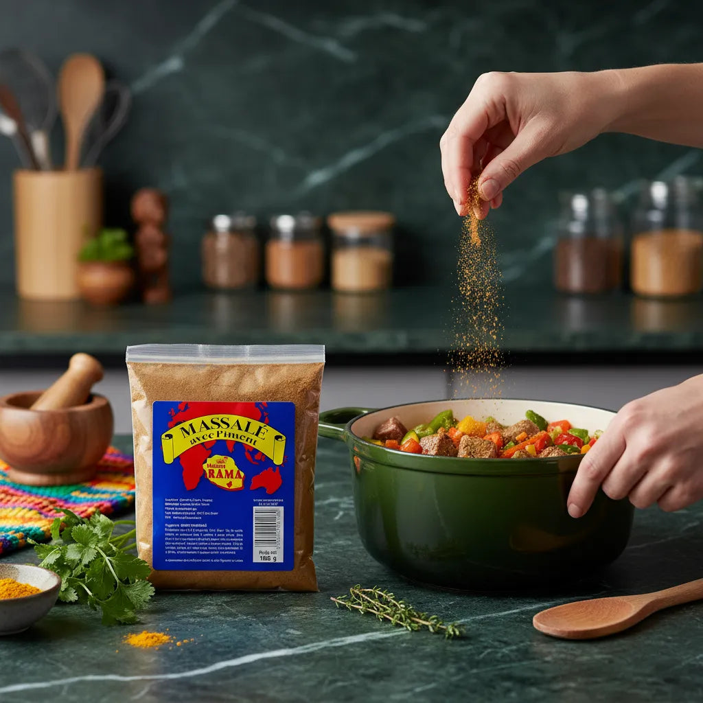 Utilisation du Massalé pimenté Bourbon MAISON RAMA dans une cocotte de légumes, parfait pour une cuisine riche en saveurs.